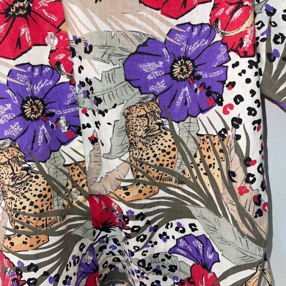 Caribou Vintage Womens Camp Shirt Size Large Cheetah Floral Print Button Down - Picture 3 of 10